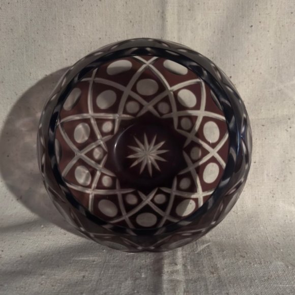 Vintage Czech Bohemian Crystal Red Rose Bowl Cut to Clear - Picture 2 of 3